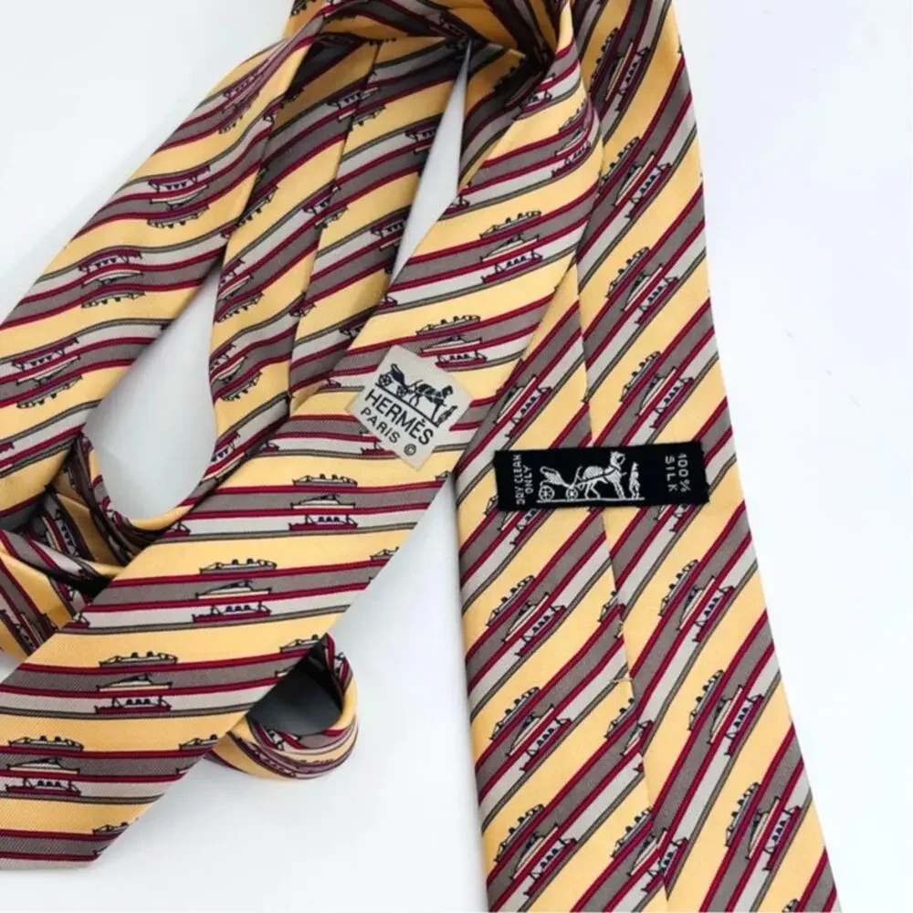 Hermes Striped Tie with Boats‎ 100% Silk Nautical
